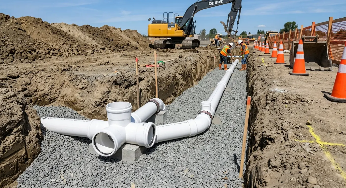 New PVC sewer pipe installation in open trench for Sewer Backup in Clarkdale