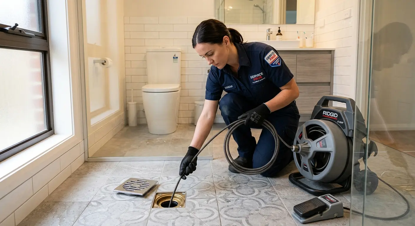 Technician clearing a bathroom floor drain for Hydro Jetting in Clarkdale